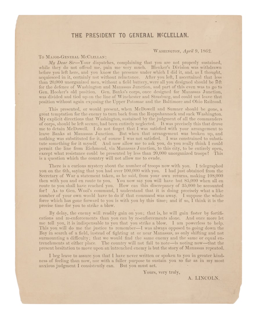 LINCOLN, Abraham (1809-1865). The President to General McClellan. N.p., n.p., n.d. [ca 9 April (1 of 2)