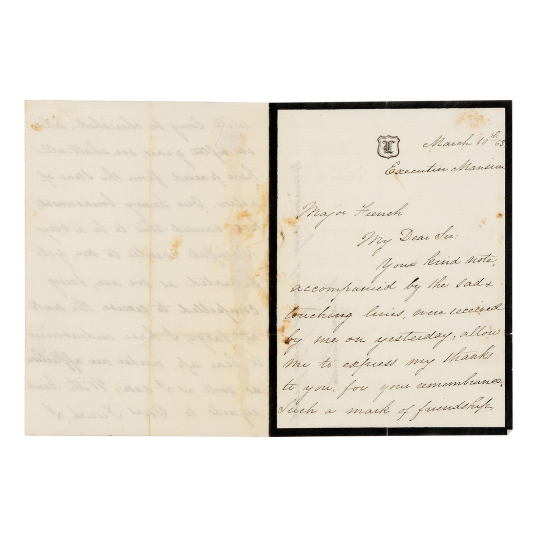 LINCOLN, Mary Todd (1818-1882). Autograph letter signed ("Mary Lincoln") to B.B. French, Washington, (1 of 2)