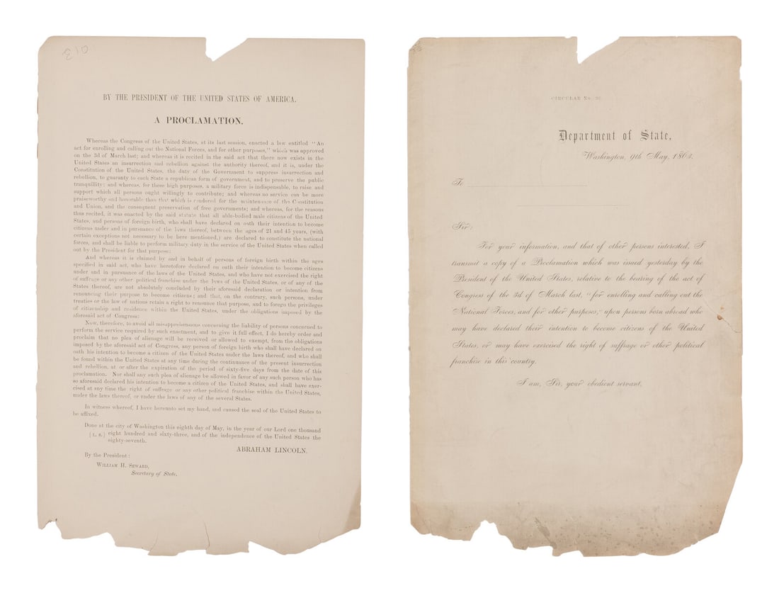 LINCOLN, Abraham (1809-1865). By the President of the United States. A Proclamation. Washington,: LINCOLN, Abraham (1809-1865). By the President of the United States. A Proclamation. Washington, D.C.: Department of State, 9 May 1863. 13 x 8 1/2 in. printed broadside proclamation; accompanied with