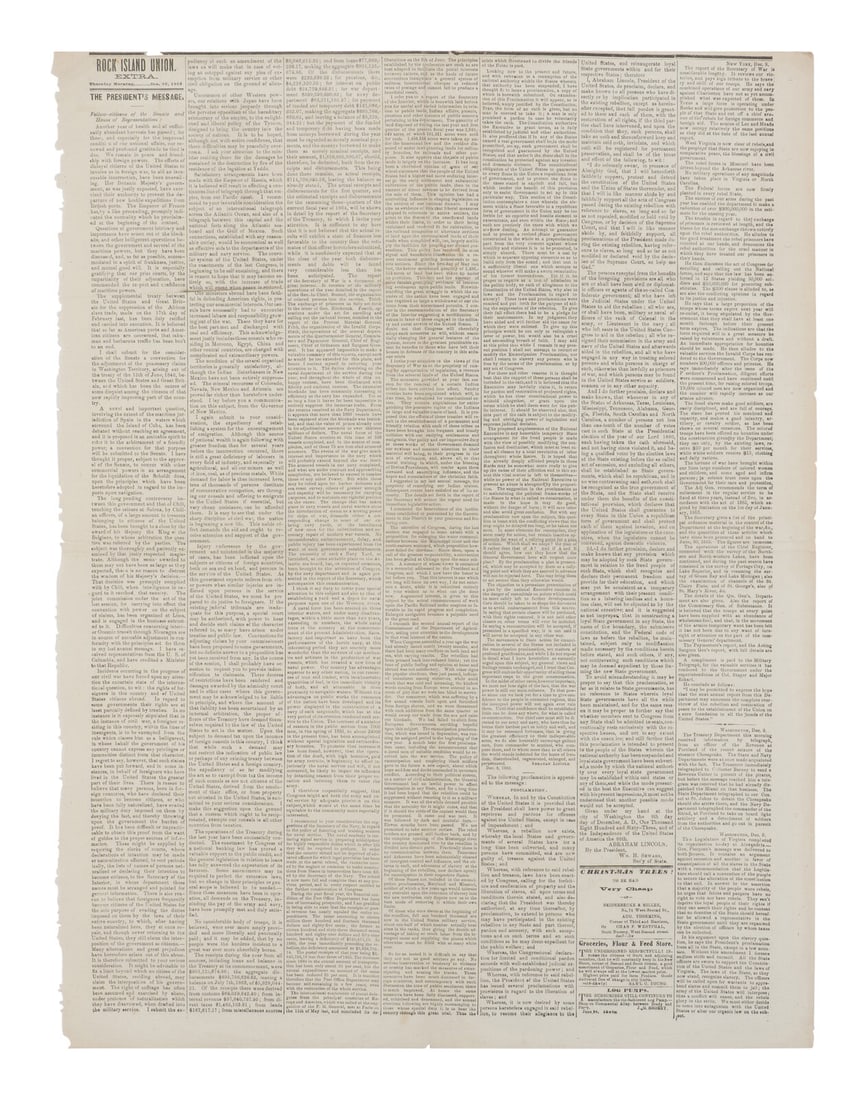 LINCOLN, Abraham (1809-1865). Rock Island Union Extra. Rock Island, IL, 10 December 1863. (1 of 2)
