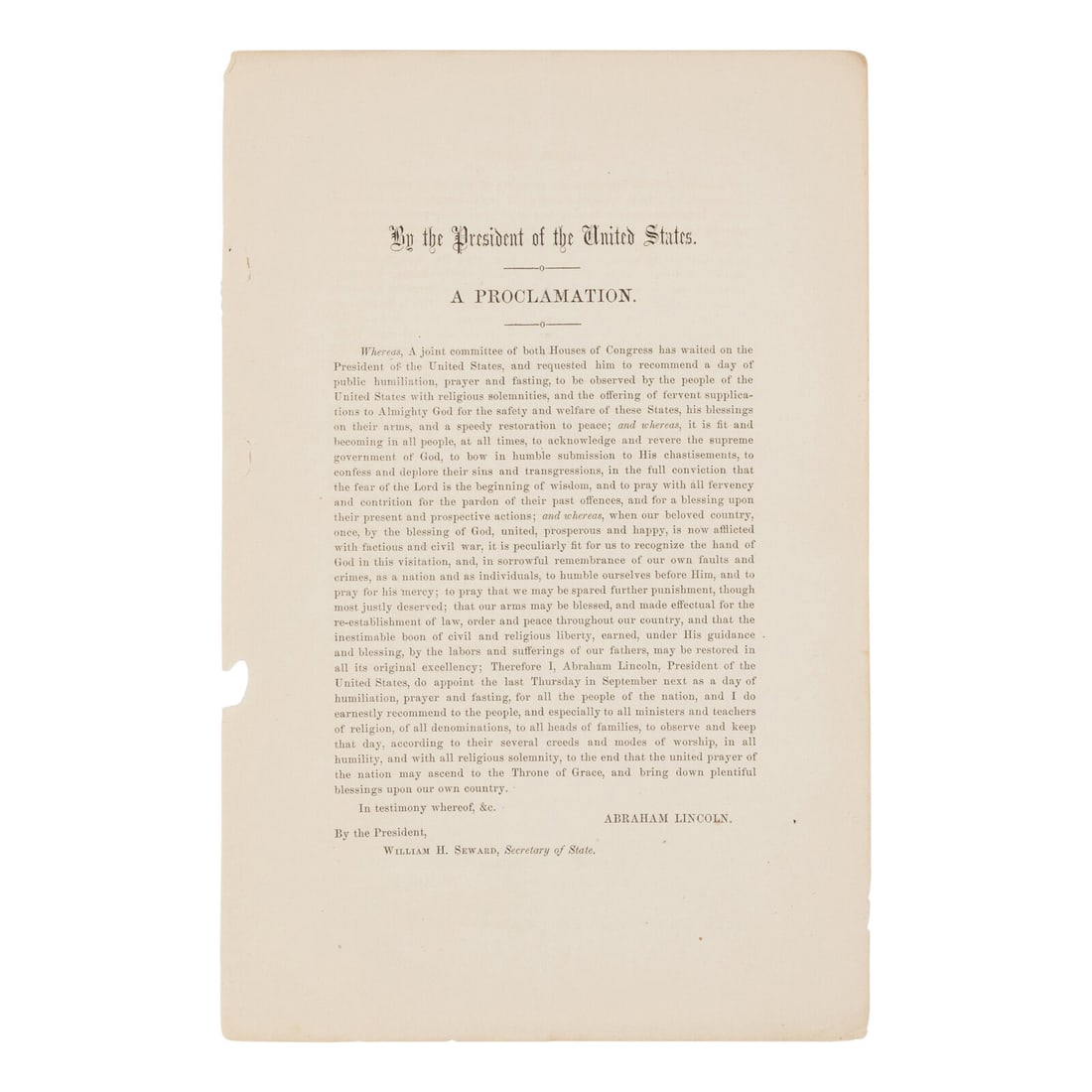 [LINCOLN, Abraham (1809-1865)]. A group of 3 Thanksgiving proclamations, comprising: (1 of 3)