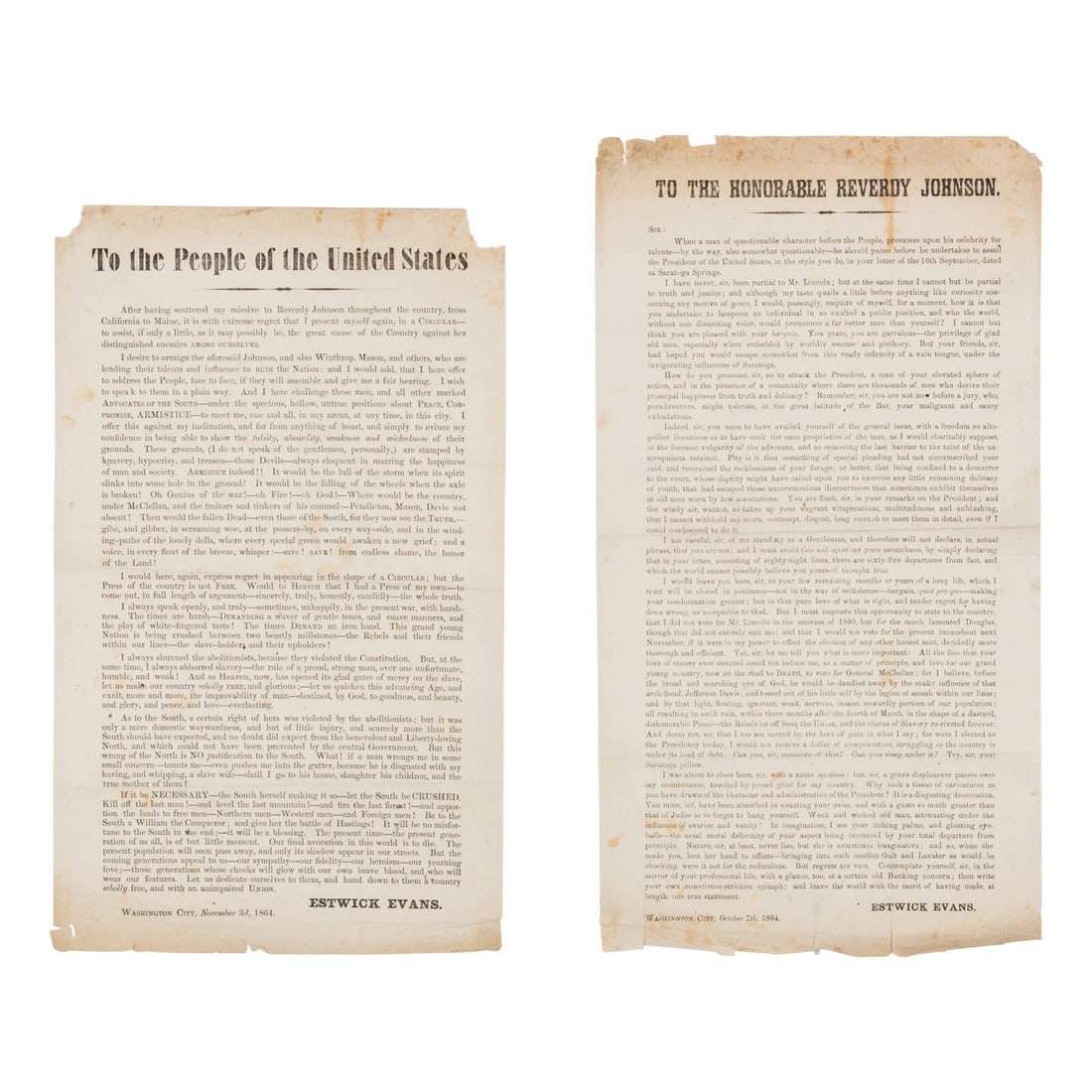 [LINCOLN-JOHNSON CAMPAIGN]. EVANS, Estwick (1787-1866). A pair of broadsides related to the 1864 (1 of 3)