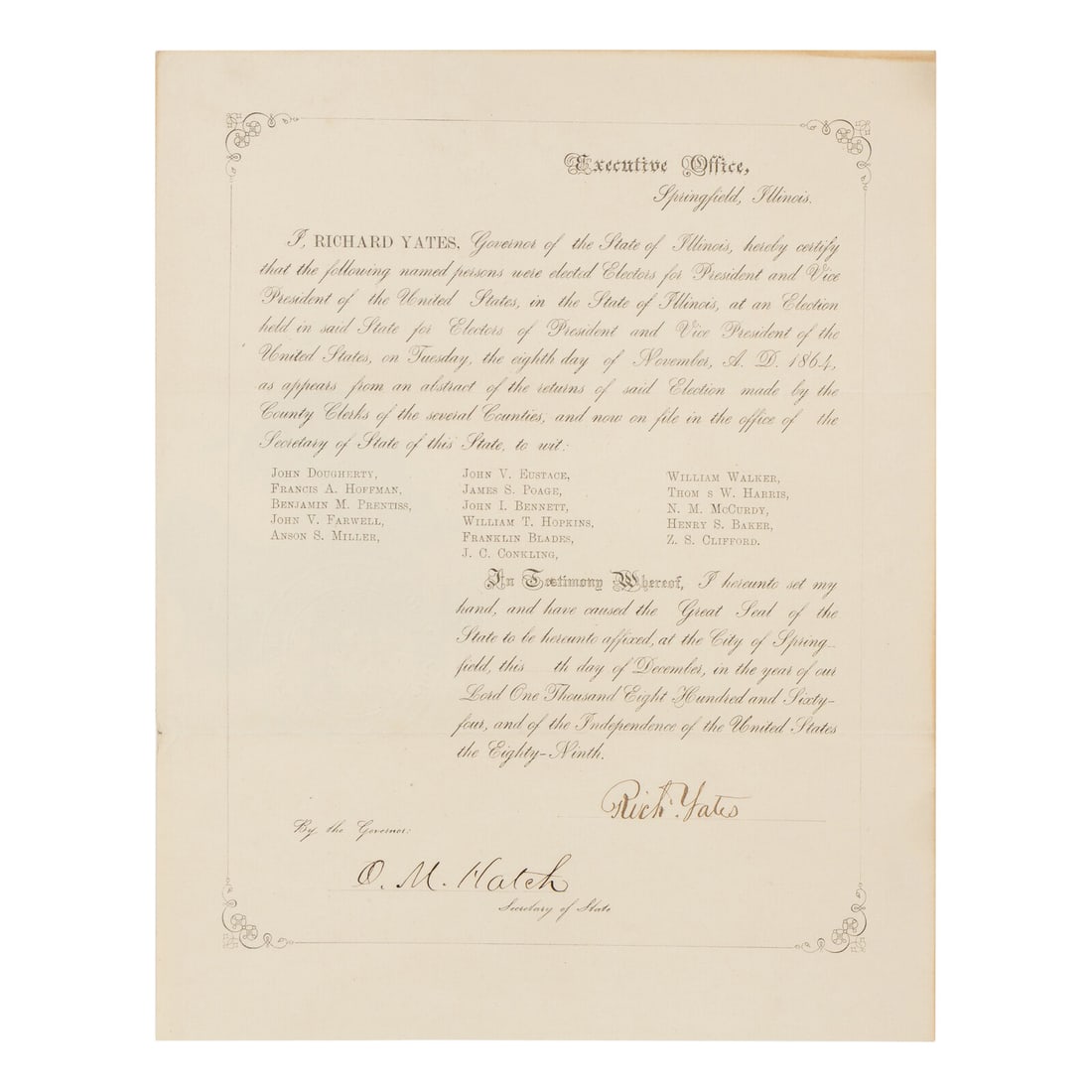 [LINCOLN-JOHNSON CAMPAIGN]. YATES, Richard (1815-1873). Engraved document signed ("Rich. Yates"), (1 of 2)