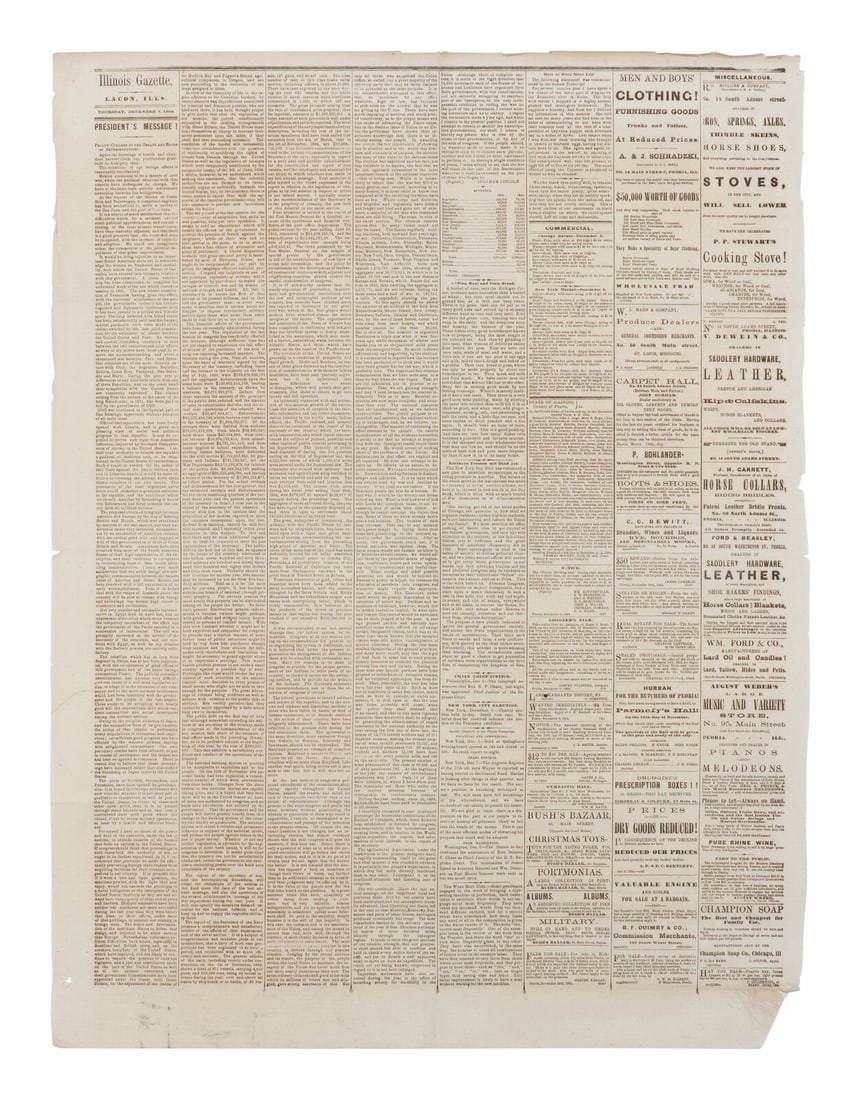 LINCOLN, Abraham (1809-1865). Illinois Gazette. Lacon, IL, 8 December 1864. (1 of 2)