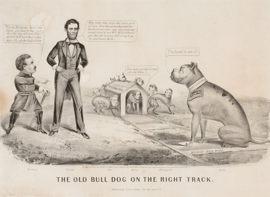 [LINCOLN, Abraham (1809-1865)]. CURRIER & IVES, The Old Bull Dog on the Right Track. New York, 1864. (1 of 2)