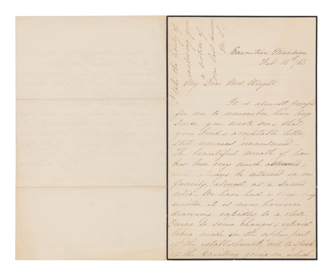LINCOLN, Mary Todd (1818-1881). Autograph letter signed ("Mary Lincoln") to Caroline Wright, (1 of 2)