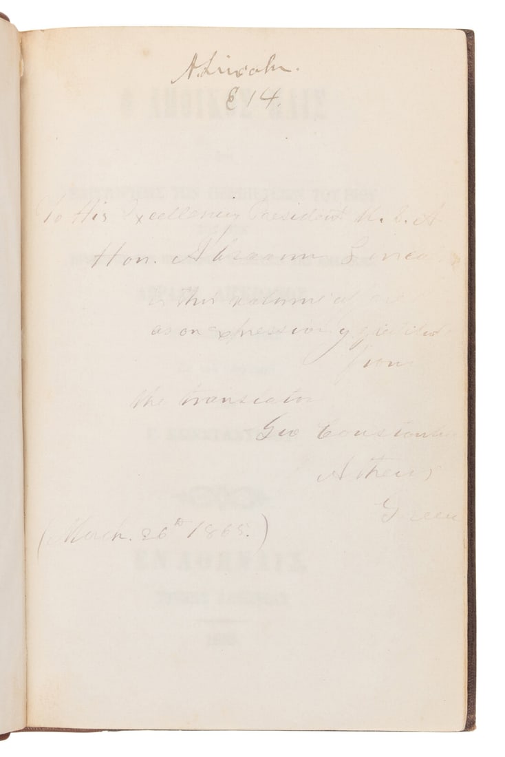 [LINCOLN, Abraham (1809-1865)]. -- THAYER, William M. (1820-1898). The Pioneer Boy [in Greek]. (1 of 4)