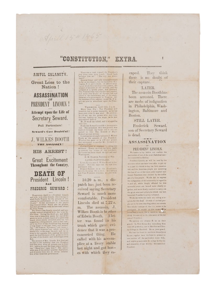 [LINCOLN ASSASSINATION]. "Constitution" Extra. [Middletown, CT]: Daily Constitution, 15 April 1865. (1 of 2)