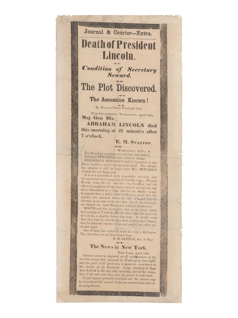 [LINCOLN ASSASSINATION]. Journal & Courier---Extra. Death of President Lincoln. Condition of (1 of 2)
