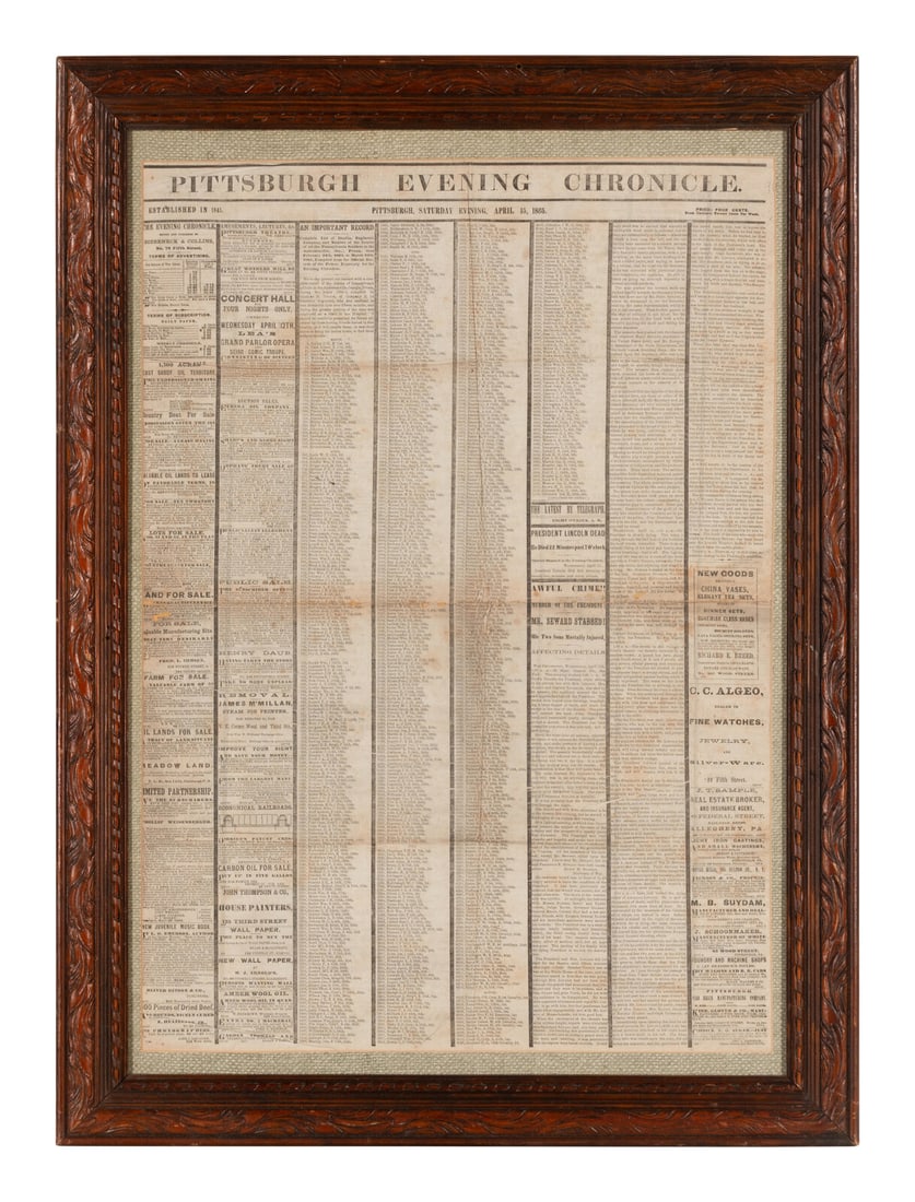 [LINCOLN ASSASSINATION]. Pittsburgh Evening Chronicle. Siebeneck & Collins, 15 April 1865. (1 of 2)