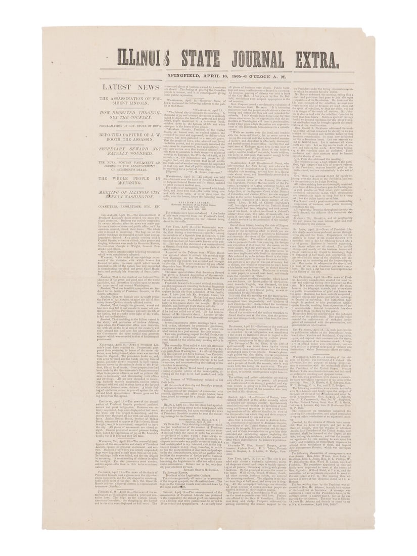 [LINCOLN ASSASSINATION]. Illinois State Journal Extra. Springfield, 16 April 1865. (1 of 1)