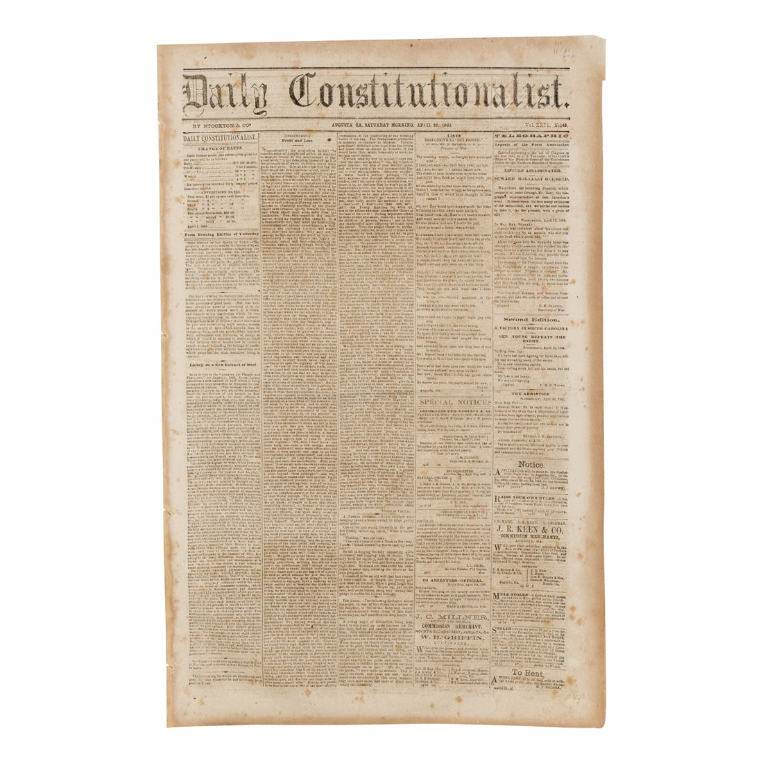 [LINCOLN ASSASSINATION]. Augusta Daily Constitutionalist. Vol. XXII, No. 245. Augusta, Georgia, 22 (1 of 2)