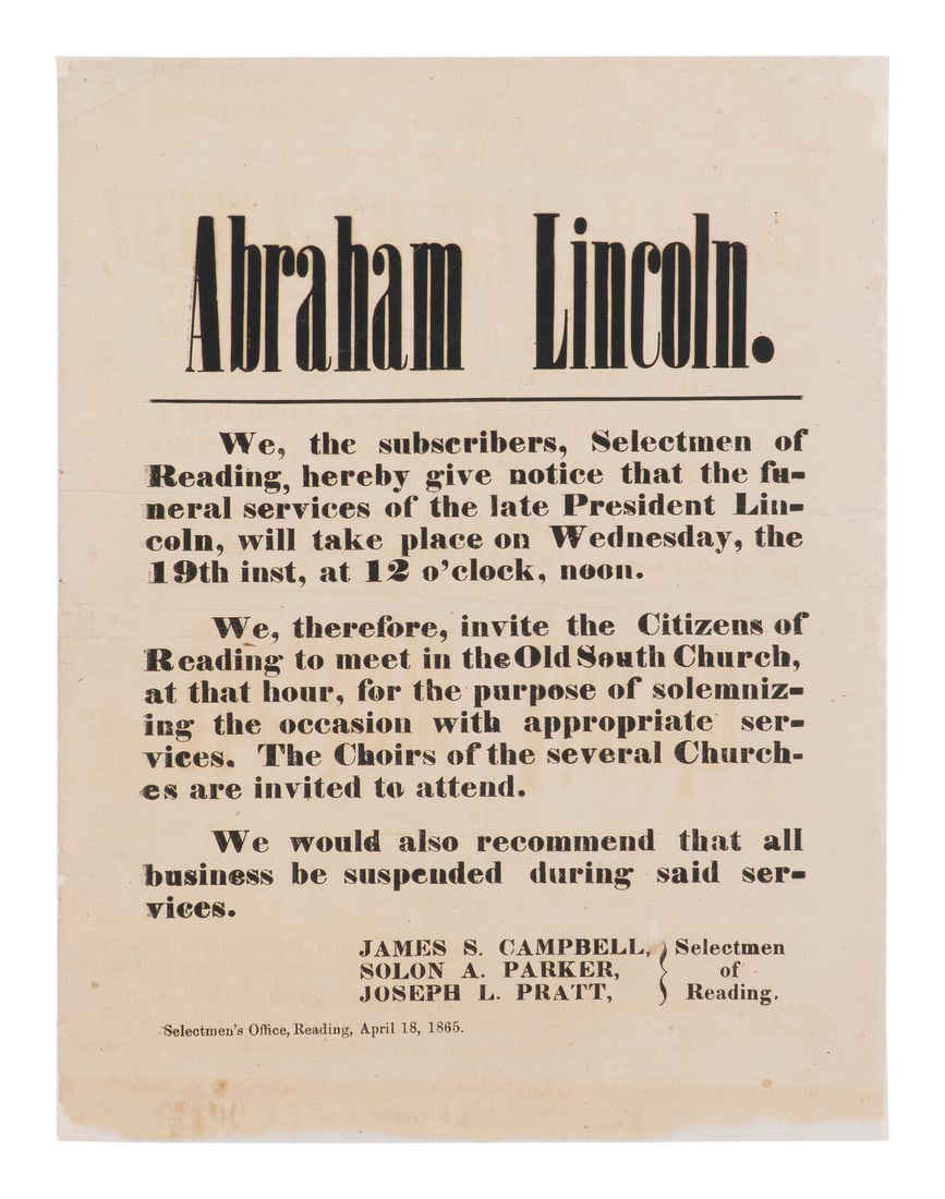 [LINCOLN FUNERAL]. Abraham Lincoln. We, the subscribers, Selectmen of Reading, hereby give notice (1 of 1)