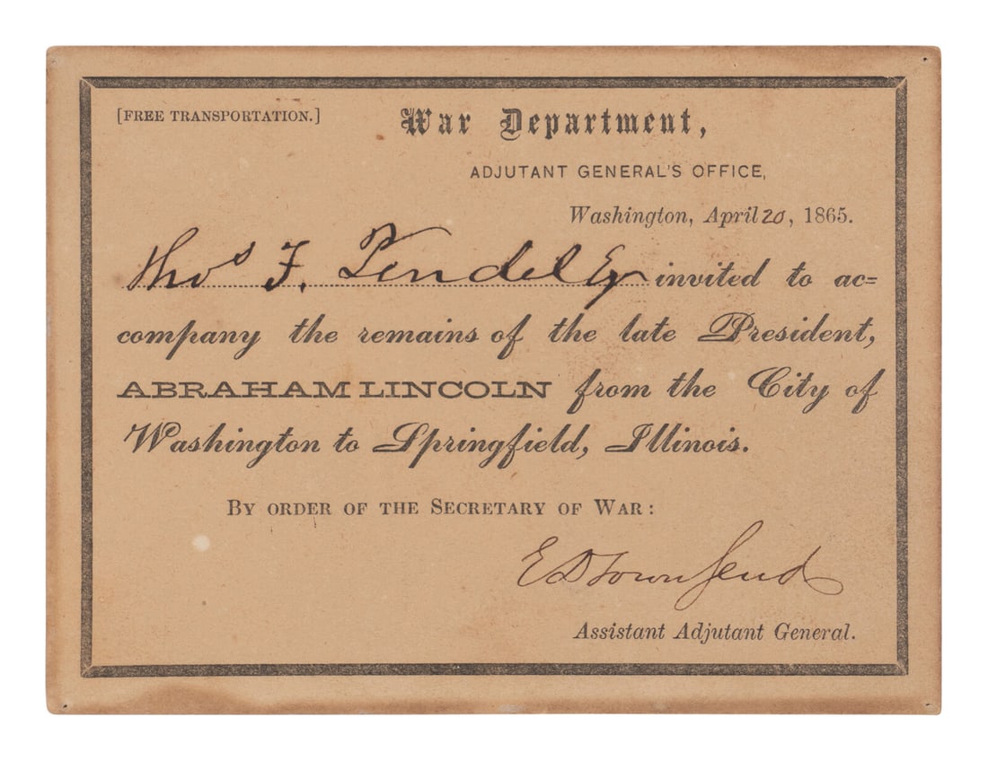 [LINCOLN FUNERAL]. Partly printed document signed ("ED Townsend"), for White House doorman Thomas H. (1 of 1)