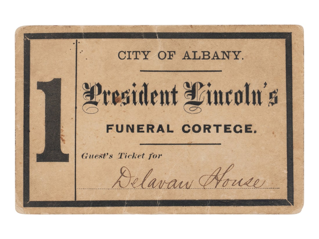 [LINCOLN FUNERAL]. Partly printed ticket issued to Illinois Governor R.J. Oglesby, Albany, New York, (1 of 2)