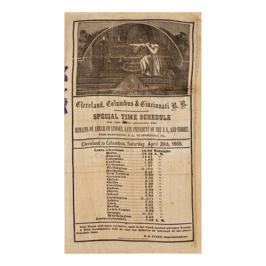 [LINCOLN FUNERAL]. Cleveland, Columbus, & Cincinnati R.R. Special Time Schedule for the Train (1 of 1)