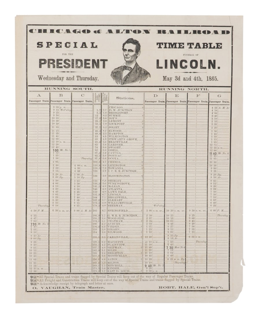 [LINCOLN FUNERAL]. Special Time Table for the Funeral of President Lincoln. Chicago: Chicago & Alton (1 of 1)