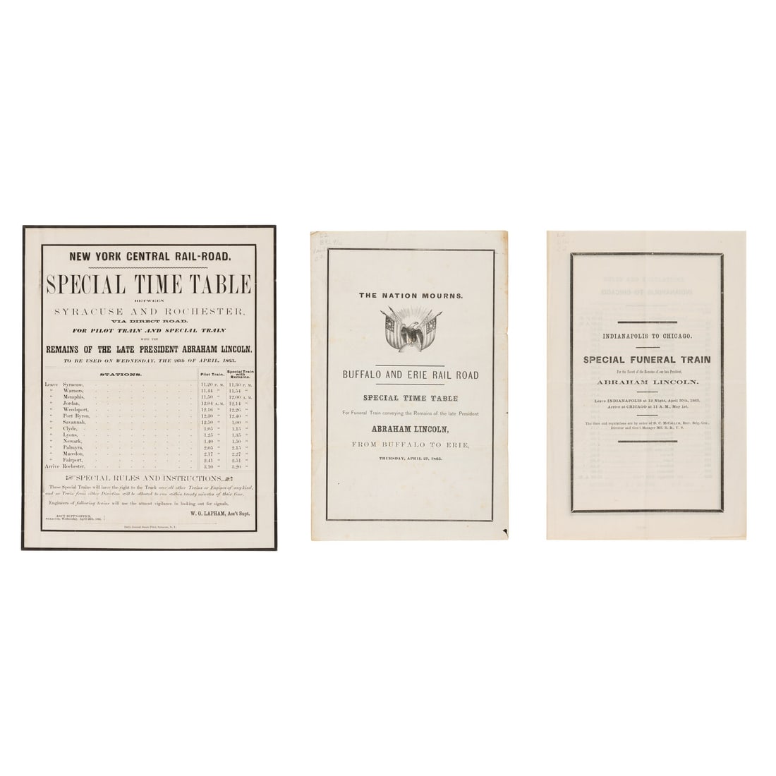 [LINCOLN FUNERAL]. A group of 3 funeral train schedules, comprising:: [LINCOLN FUNERAL]. A group of 3 funeral train schedules, comprising: Indianapolis to Chicago. Special funeral train for the escort of the Remains of our late President, Abraham Lincoln. Leave Indianap