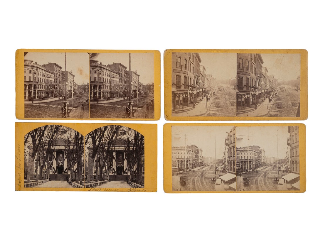 [LINCOLN FUNERAL]. A group of 4 stereoviews featuring buildings draped in mourning, incl. 3 credited: [LINCOLN FUNERAL]. A group of 4 stereoviews featuring buildings draped in mourning, incl. 3 credited to Haines, Albany, NY. 4 stereoviews on yellow mounts, 3 with partly printed paper labels on verso