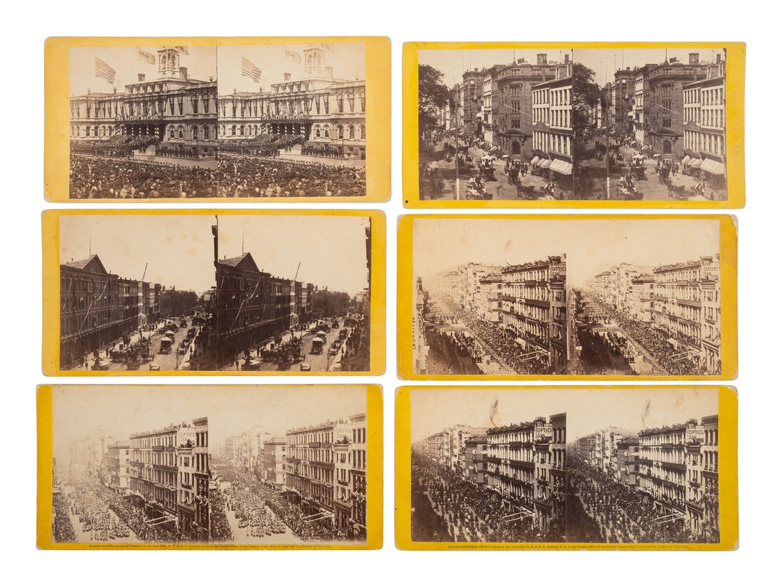 [LINCOLN FUNERAL]. A group of 10 stereoviews capturing the procession and other funerary sights: [LINCOLN FUNERAL]. A group of 10 stereoviews capturing the procession and other funerary sights around New York City. 10 stereoviews on yellow mounts, 7 having printed E. & H. T. Anthony & Co.