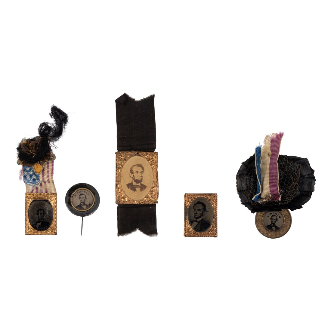 [LINCOLN FUNERAL]. A group of 4 mourning badges and 1 campaign badge, comprising: (1 of 6)