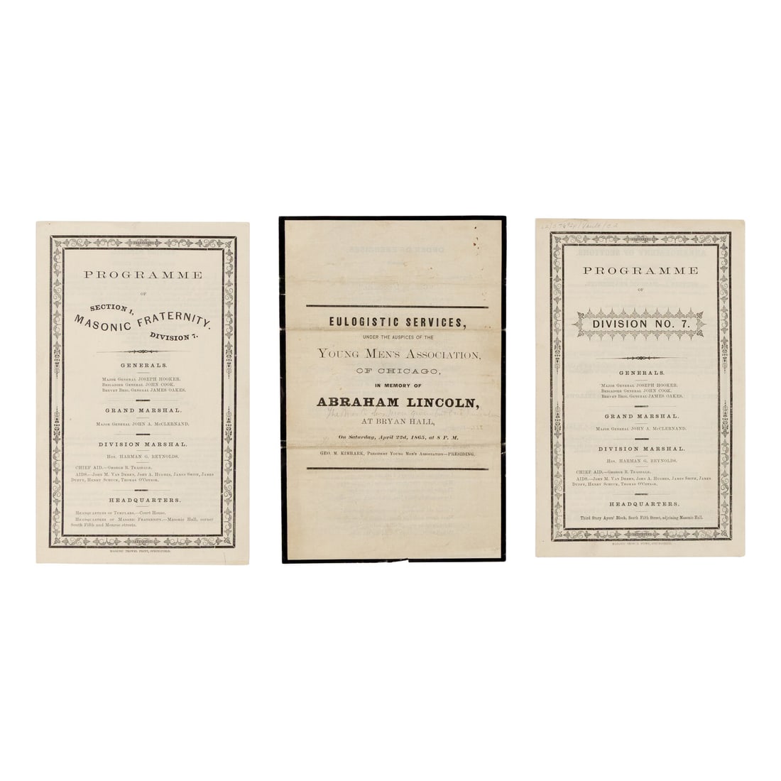 [LINCOLN FUNERAL]. A group of 3 funeral programs printed in Illinois, comprising: (1 of 1)