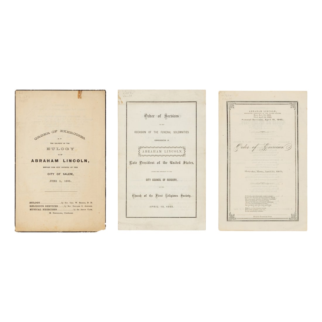[LINCOLN FUNERAL]. A group of 3 orders of services, comprising: (1 of 1)