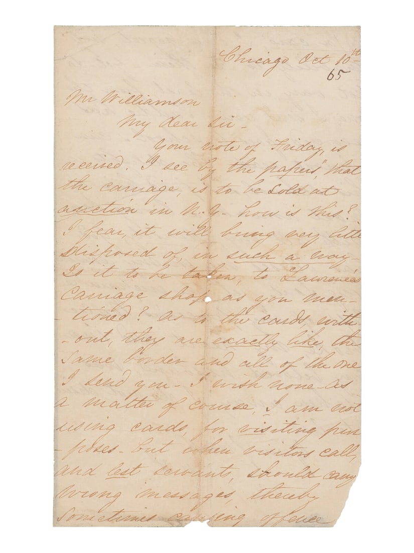 LINCOLN, Mary Todd (1818-1882). Autograph letter signed ("M.L.") to Alexander Williamson, Chicago, (1 of 2)