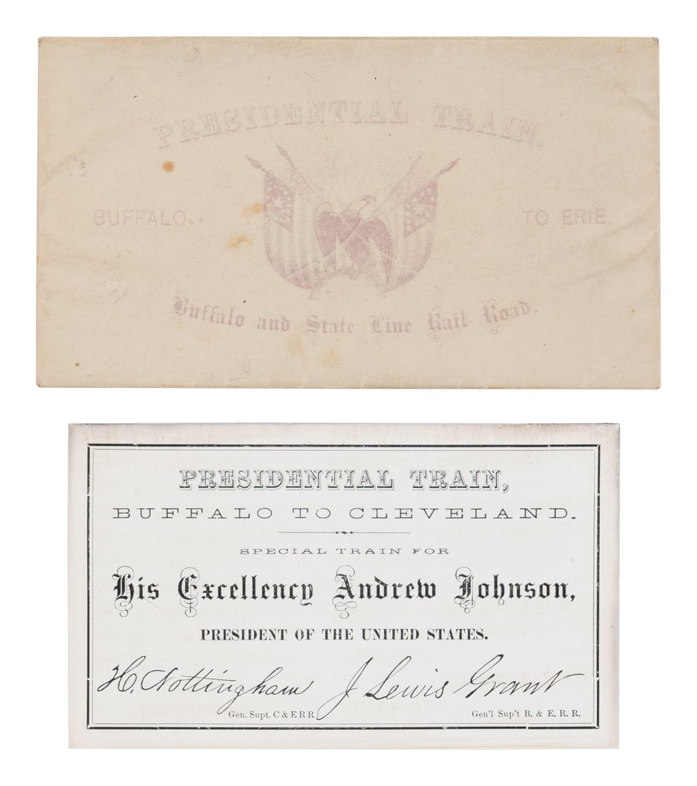[JOHNSON, Andrew (1808-1875)]. Presidential Train schedule and pass, with the original envelope, for (1 of 5)