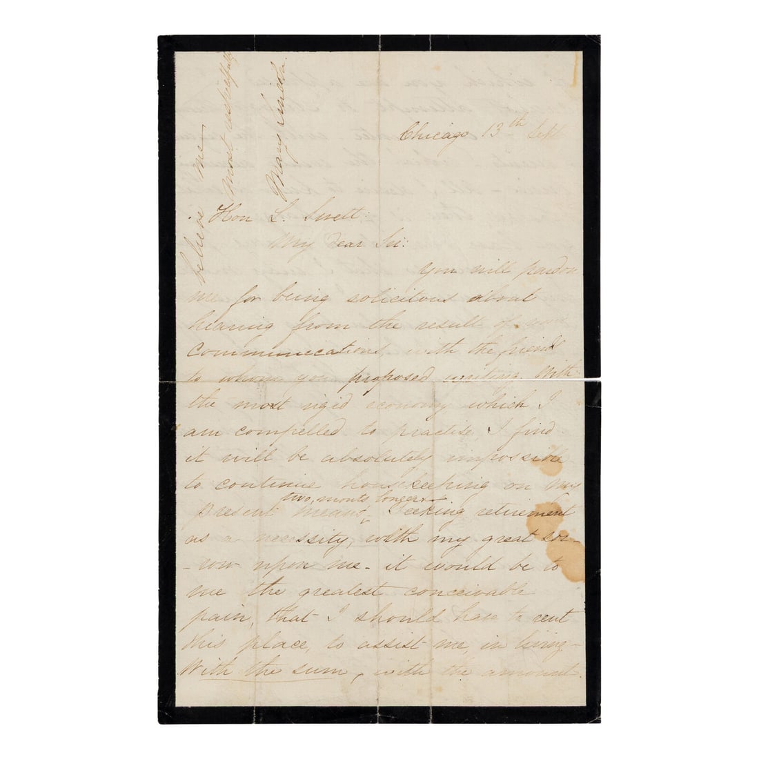 LINCOLN, Mary Todd (1818-1882). Autograph letter signed ("M.L.") to Leonard Swett, Chicago, 13 (1 of 2)