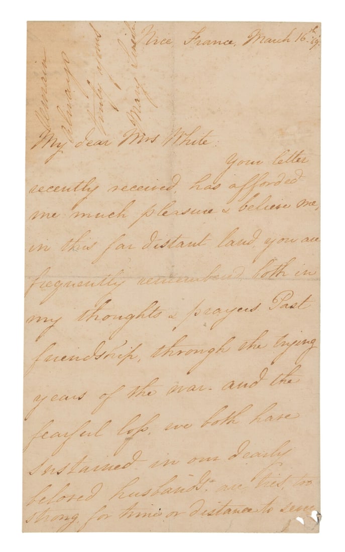 LINCOLN, Mary Todd (1818-1882). Autograph letter signed ("Mary Lincoln"), to Rhoda White, Nice, (1 of 3)