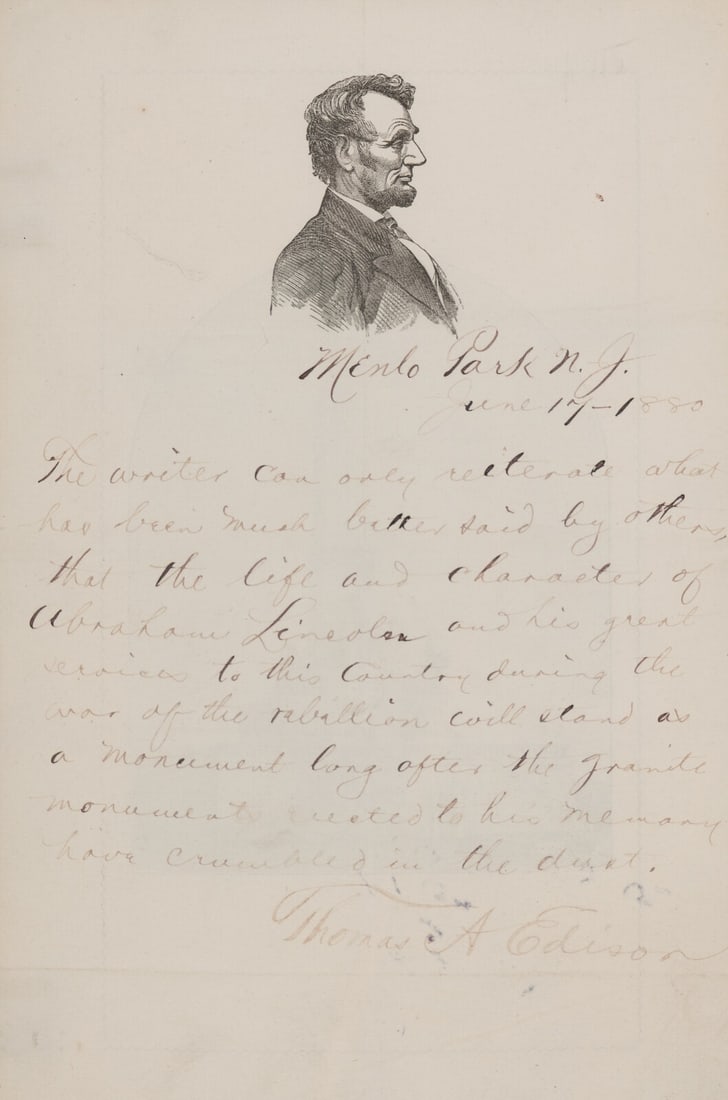 [LINCOLN, Abraham (1809-1865)]. EDISON, Thomas Alva (1847-1931). Autograph note signed ("Thomas A. (1 of 3)