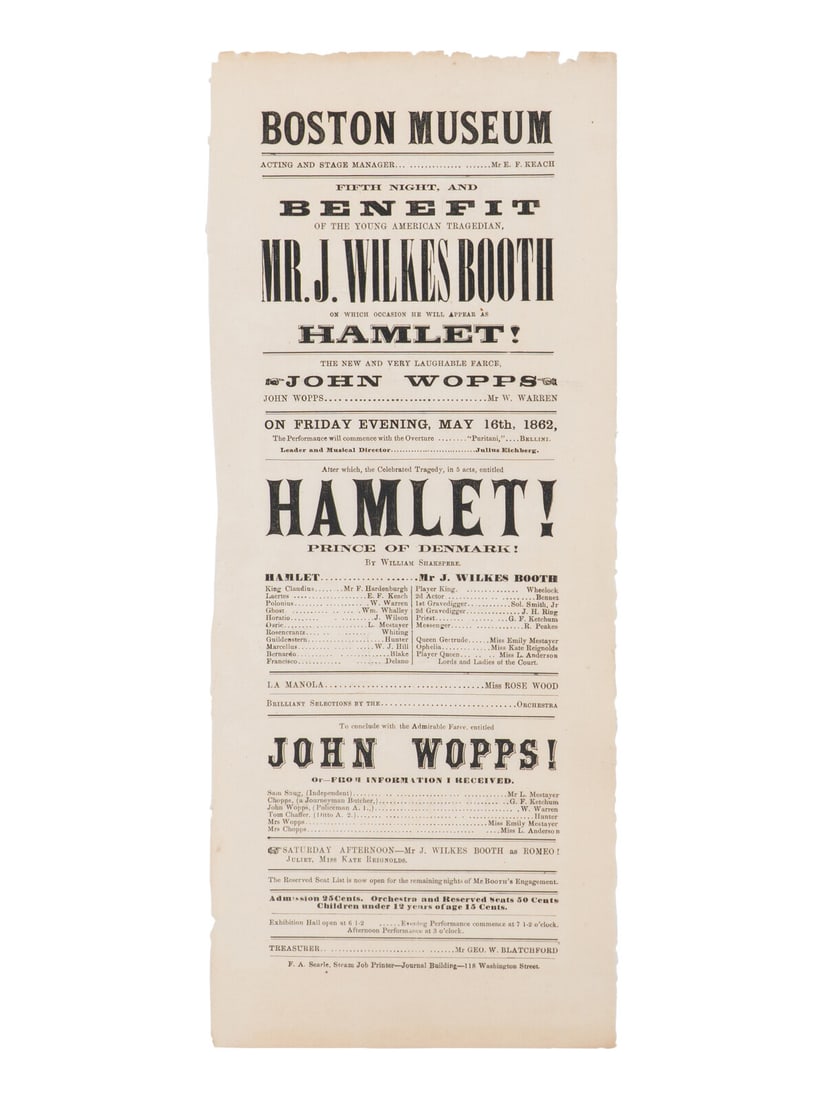 [BOOTH, John Wilkes (1838-1865)]. A broadside playbill for Booth's performance in the title role of (1 of 2)