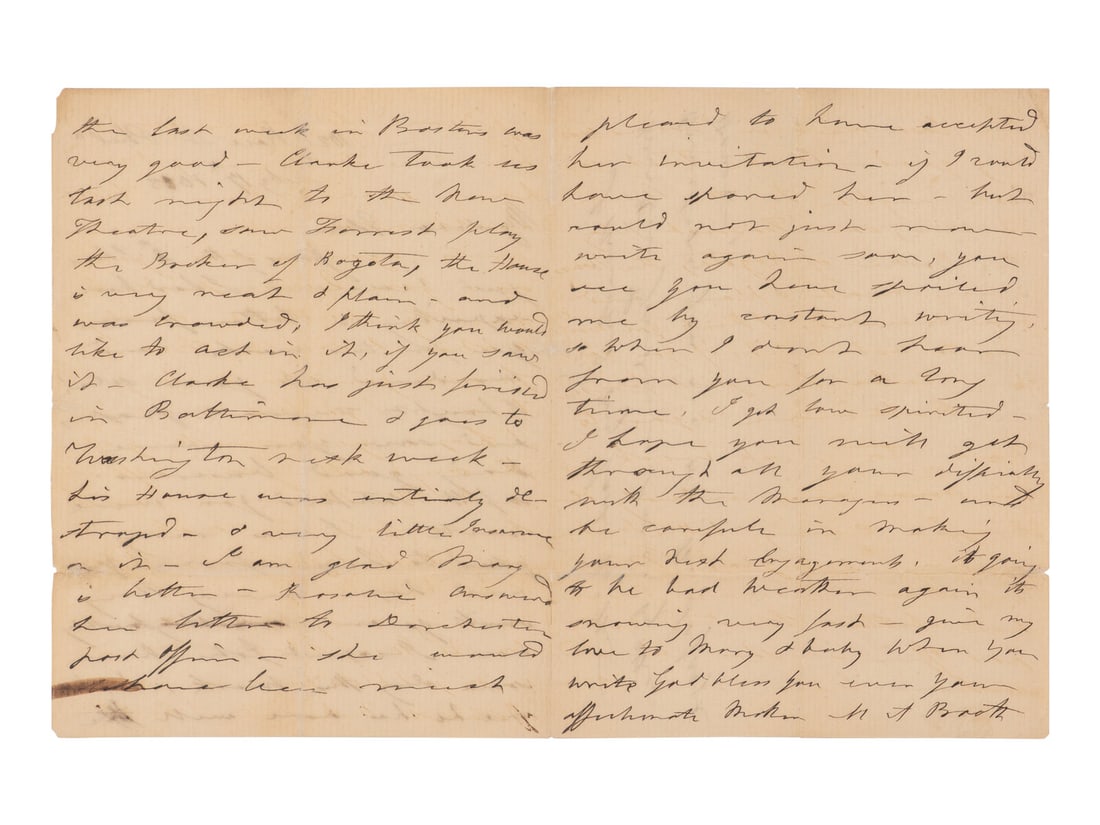 [BOOTH, John Wilkes (1838-1865)]. BOOTH, Mary Ann Holmes (1802-1885). Autograph letter signed (1 of 2)