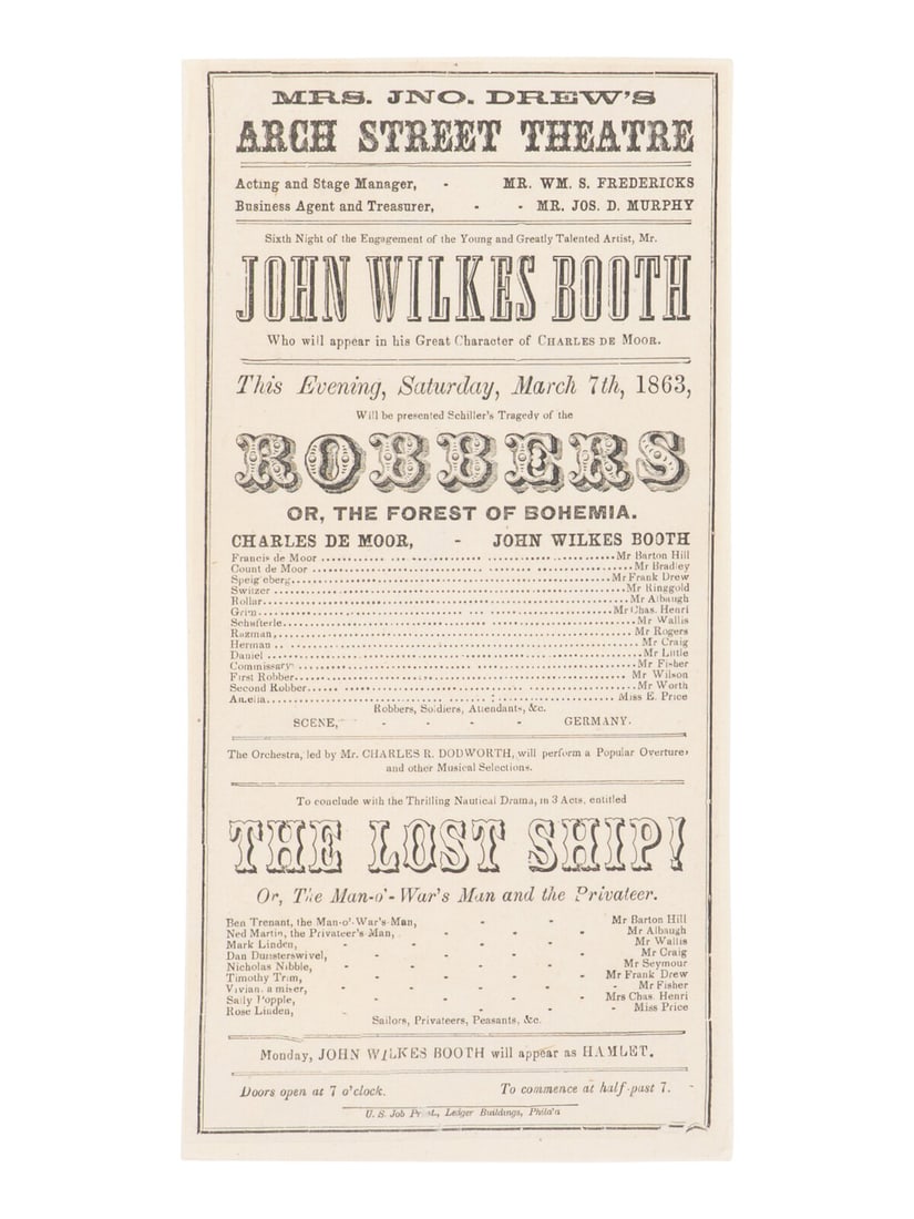[BOOTH, John Wilkes (1838-1865)]. A broadside playbill for Booth's performance as Charles de Moor in (1 of 2)