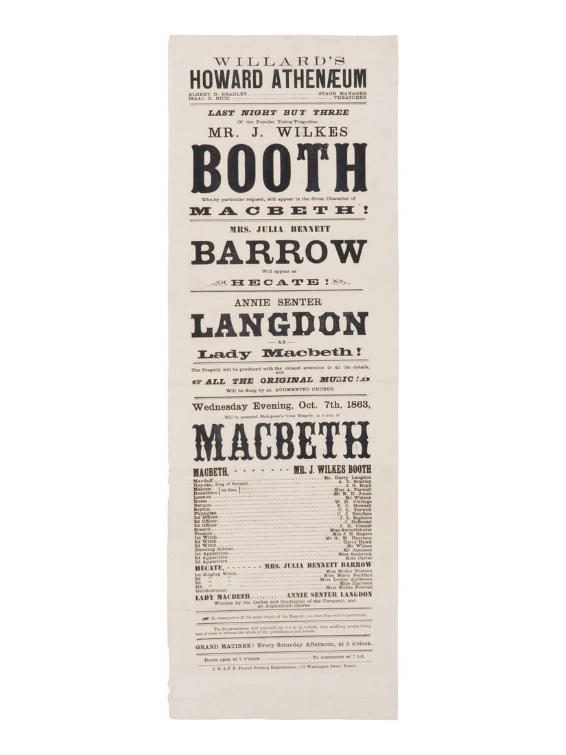 [BOOTH, John Wilkes (1838-1865)]. A broadside playbill for Booth's performance in the title role of (1 of 2)