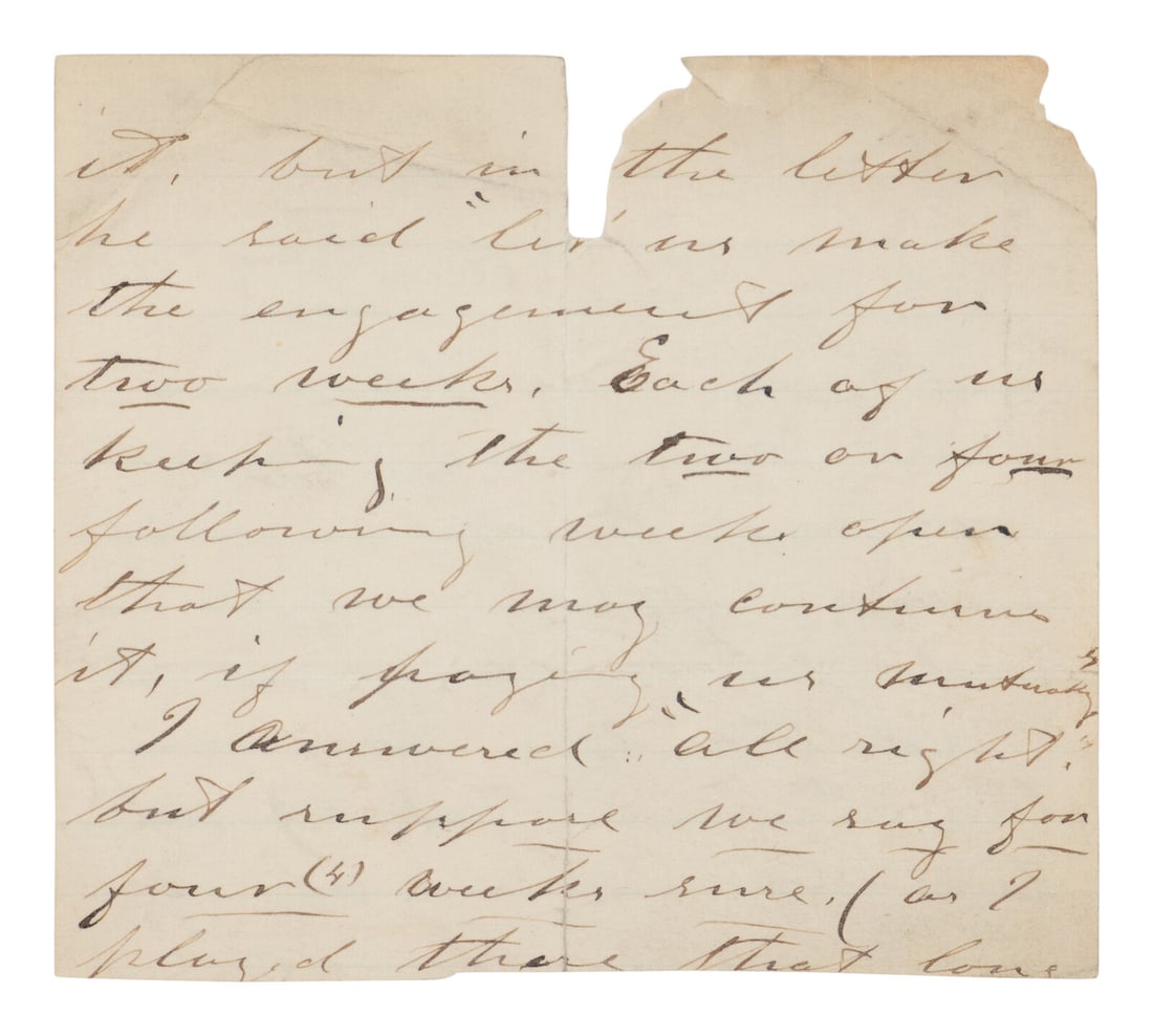 [BOOTH, John Wilkes (1838-1865)]. Partial manuscript document, unsigned, 9 February 1864. (1 of 2)