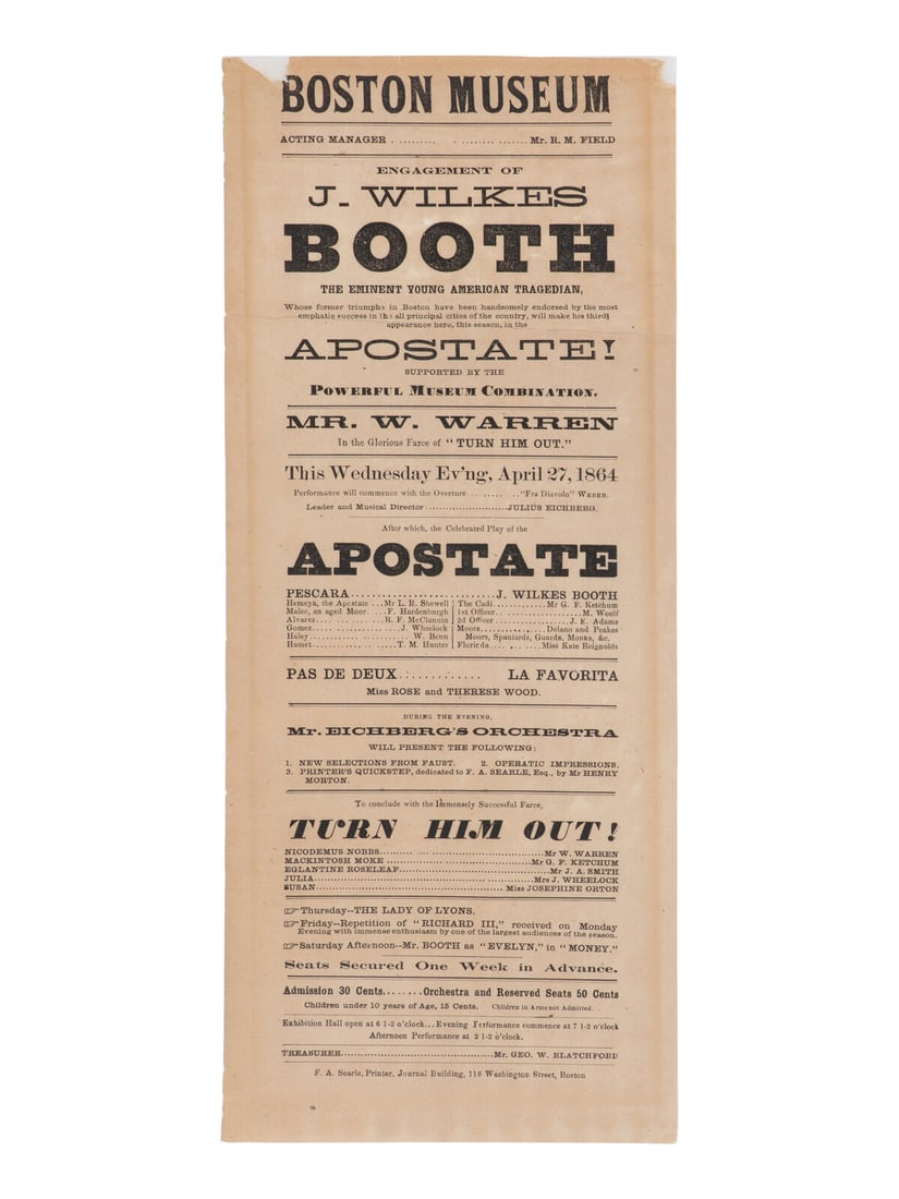 [BOOTH, John Wilkes (1838-1865)]. A broadside playbill for Booth's performance as Pescara in The (1 of 2)
