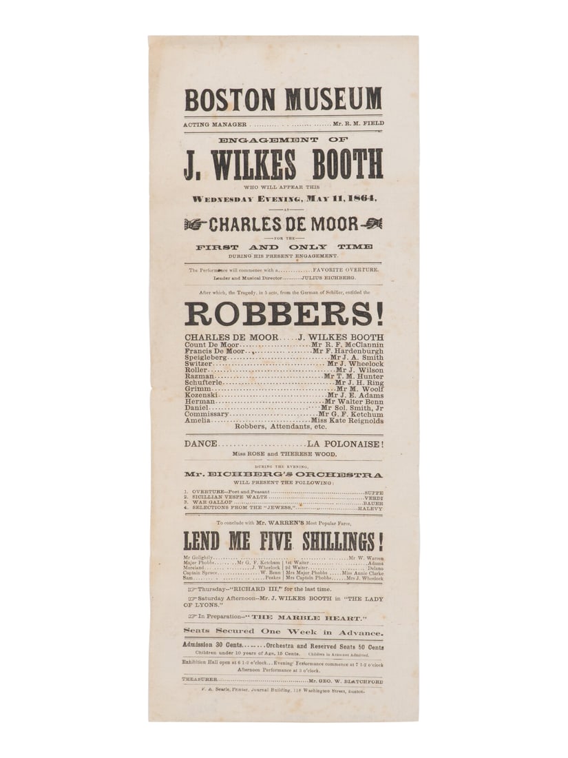 [BOOTH, John Wilkes (1838-1865)]. A broadside playbill for Booth's performance as Charles de Moor in (1 of 2)