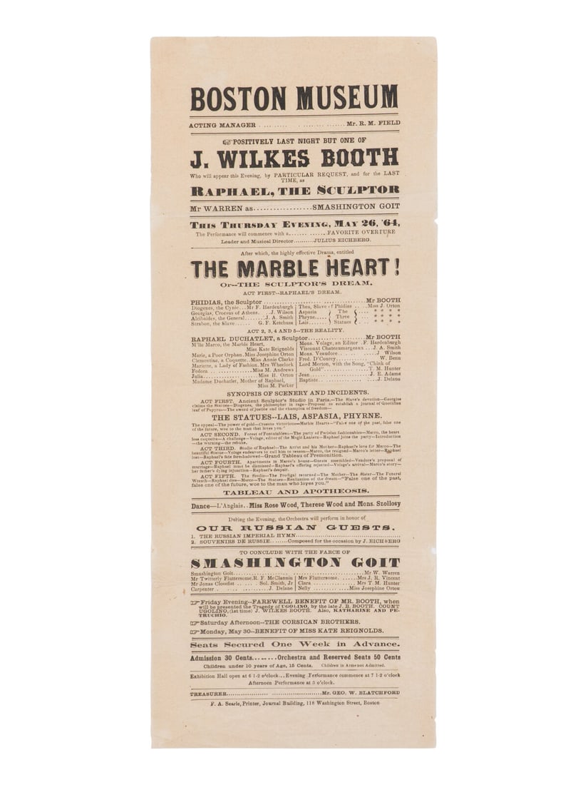 [BOOTH, John Wilkes (1838-1865)]. A broadside playbill for Booth's performance as Raphael in The (1 of 2)