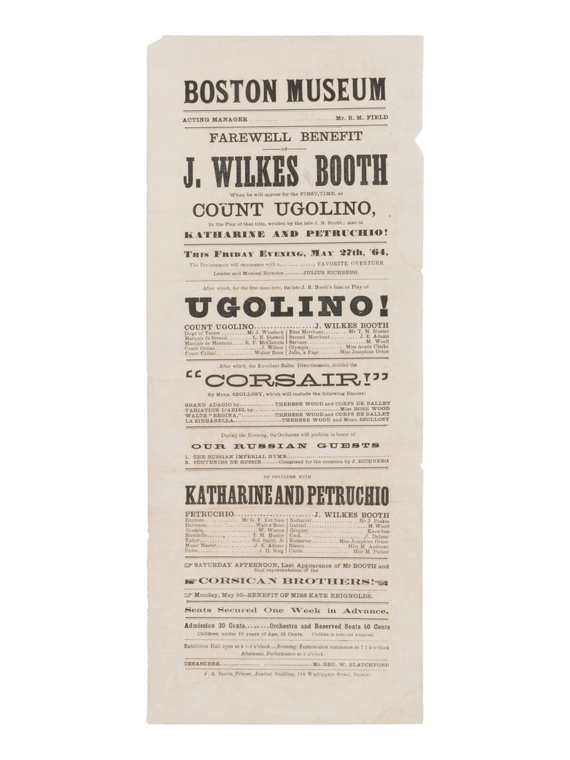 [BOOTH, John Wilkes (1838-1865)]. A broadside playbill for Booth's performance as Count Ugolino in (1 of 2)