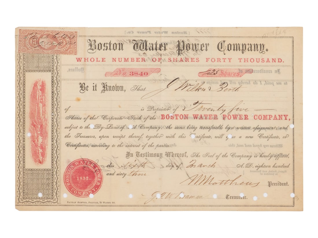 [BOOTH, John Wilkes (1838-1865)]. Partly printed Boston Water Power Company stock certificate issued (1 of 2)