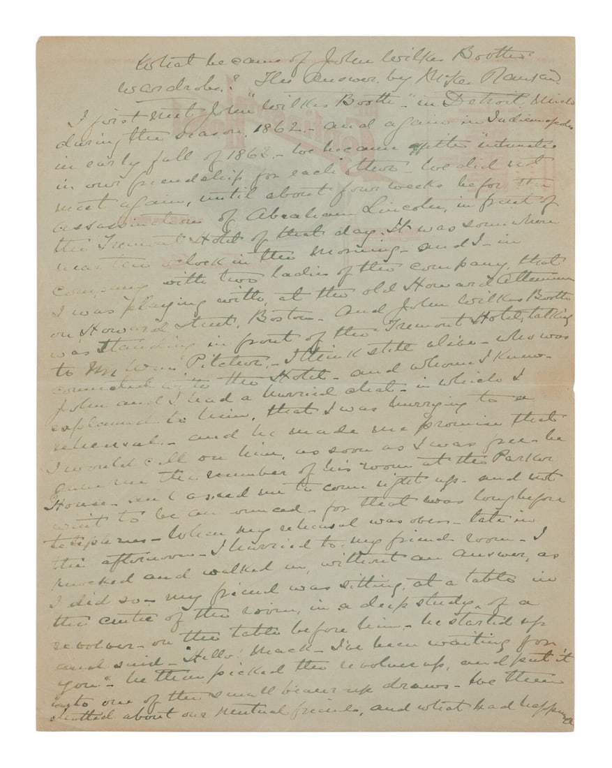 [BOOTH, John Wilkes (1838-1865)]. RANKIN, Arthur McKee (1841-1914). Partial manuscript entitled (1 of 2)