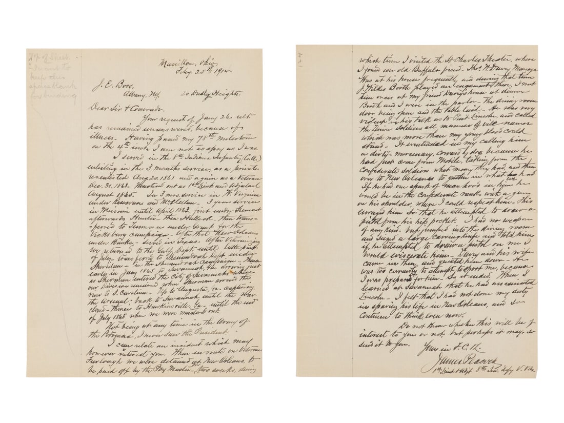 [BOOTH, John Wilkes (1838-1865)]. PEACOCK, James. Autograph letter signed ("James Peacock") to J.E. (1 of 5)