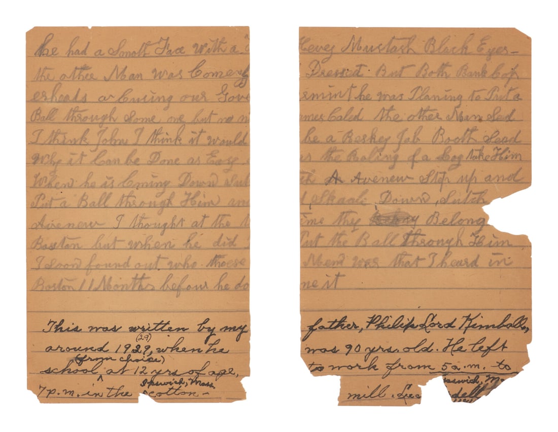 [BOOTH, John Wilkes (1838-1865)]. KIMBALL, Philip Lord. Partial manuscript, ca 1929. (1 of 2)