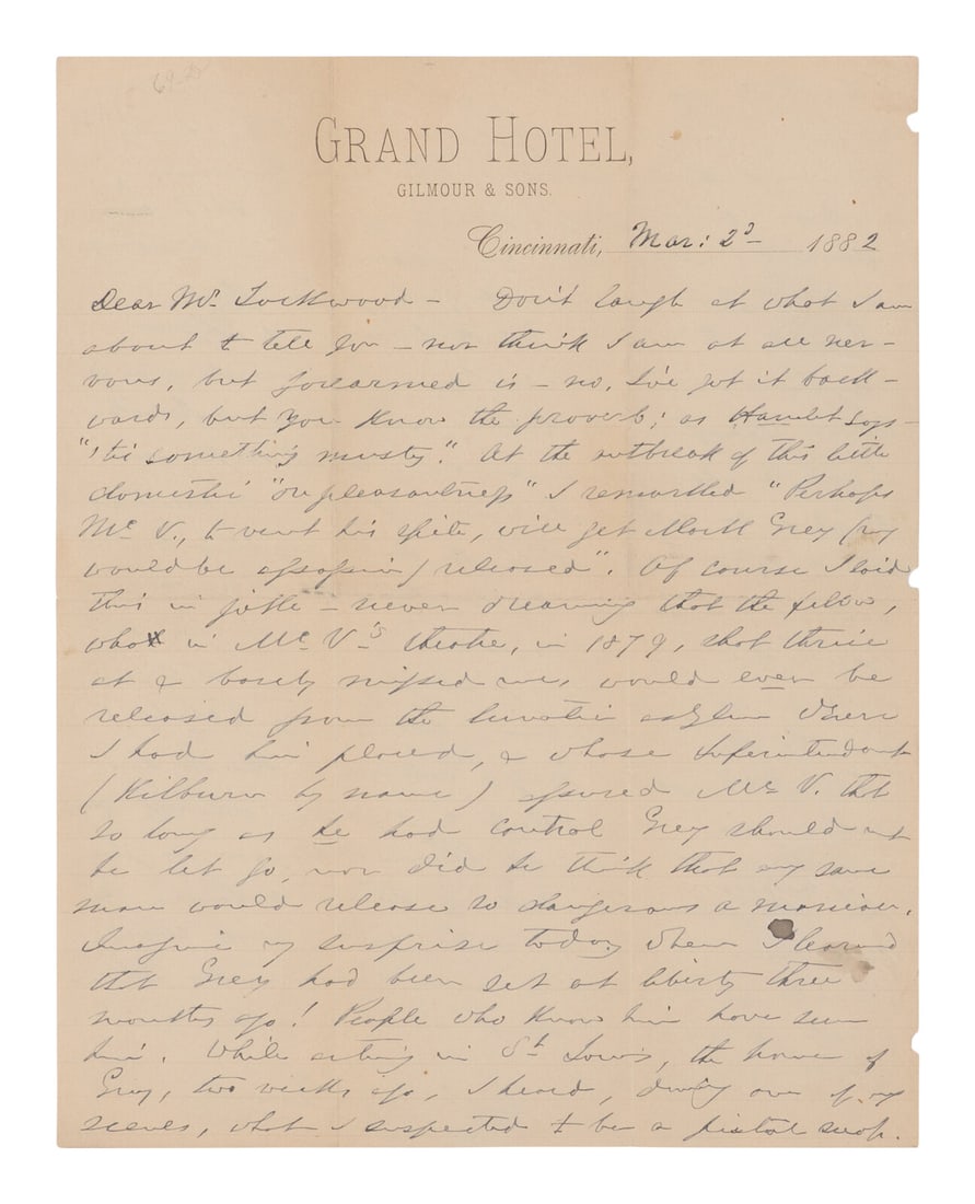 BOOTH, Edwin (1833-1893). Autograph letter signed ("Edwin Booth") to Luke Lockwood describing an (1 of 2)