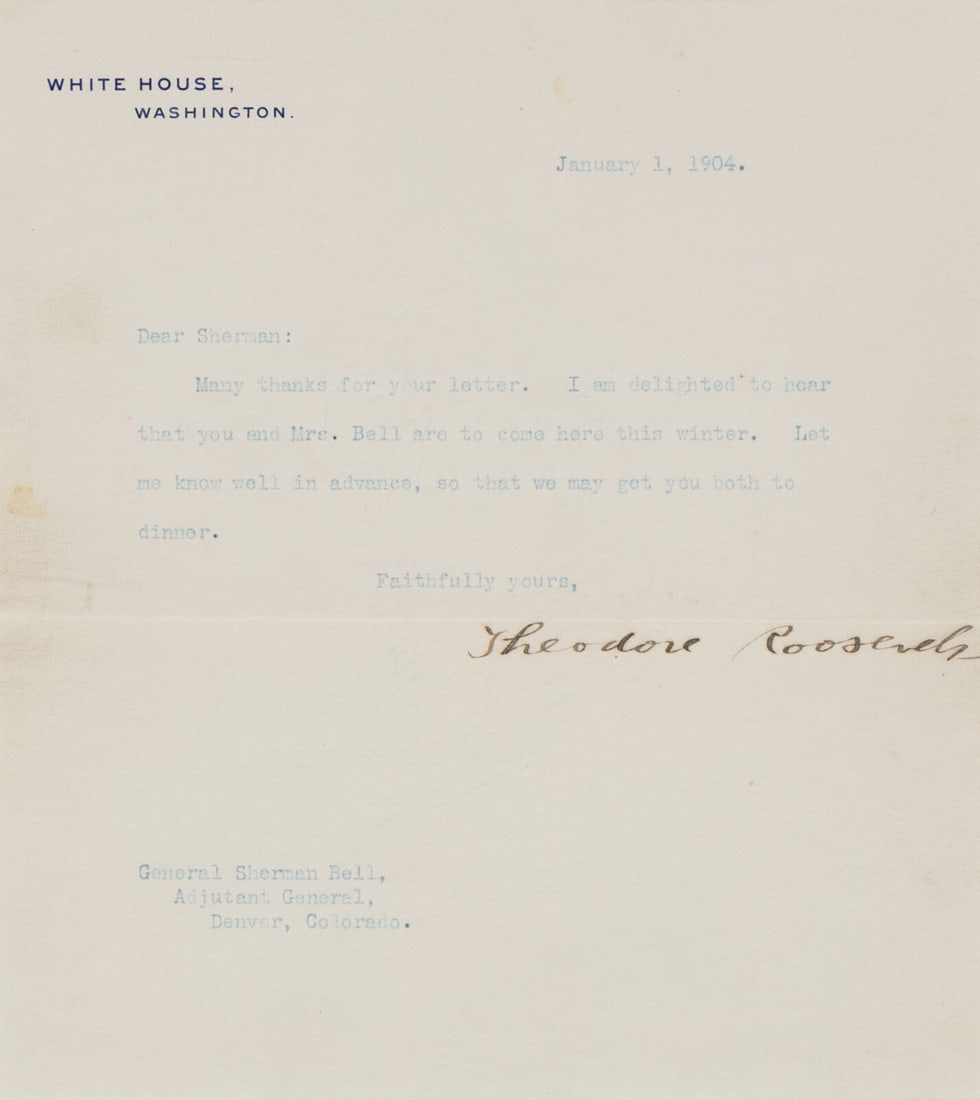 ROOSEVELT, Theodore (1858-1919). Typed letter signed ("Theodore Roosevelt") to General Sherman Bell, (1 of 3)