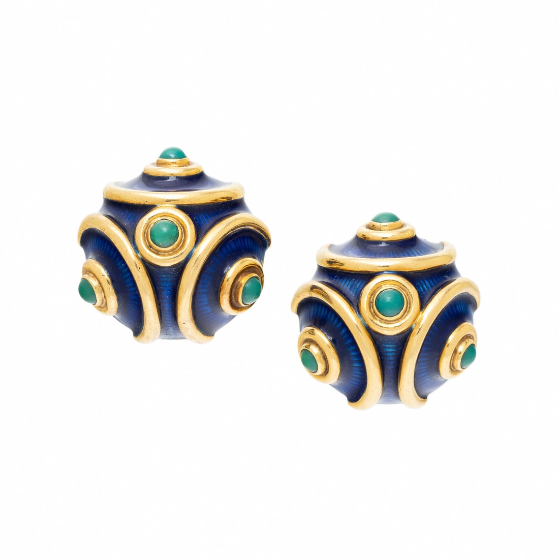 TIFFANY & CO., TURQUOISE, ENAMEL, AND YELLOW GOLD EARRINGS: TIFFANY & CO., TURQUOISE, ENAMEL, AND YELLOW GOLD EARRINGS In a geometric design, set with round cabochon turquoise and blue enamel. Mounted in 18 karat yellow gold. 7/8 inch long. Engraving: TIFF