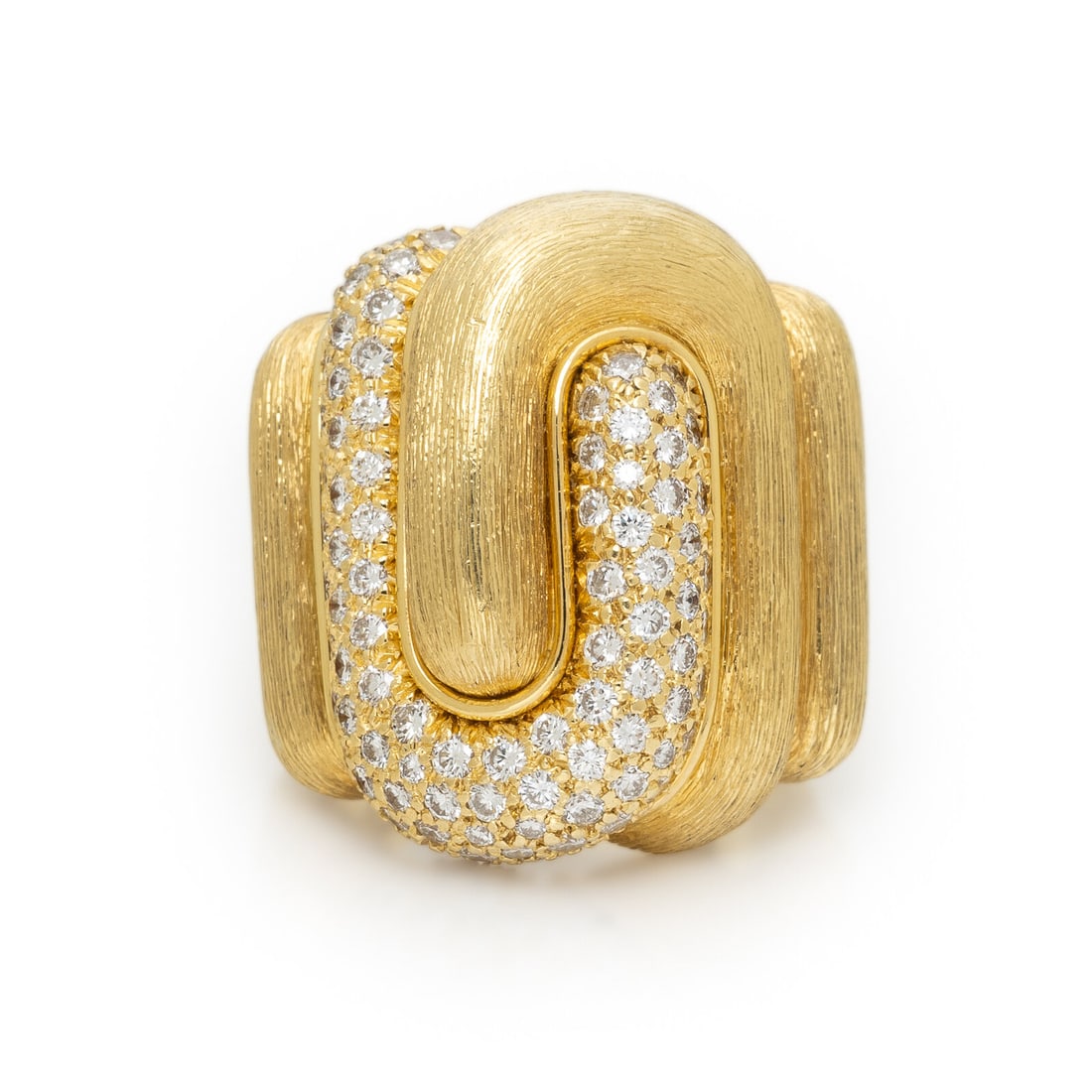 HENRY DUNAY, DIAMOND AND YELLOW GOLD RING: HENRY DUNAY, DIAMOND AND YELLOW GOLD RING In a geometric design with 'Sabi' finish, and pavé-set round diamonds weighing approximately 0.95 carat total. Mounted in 18 karat yellow gold. Ring size