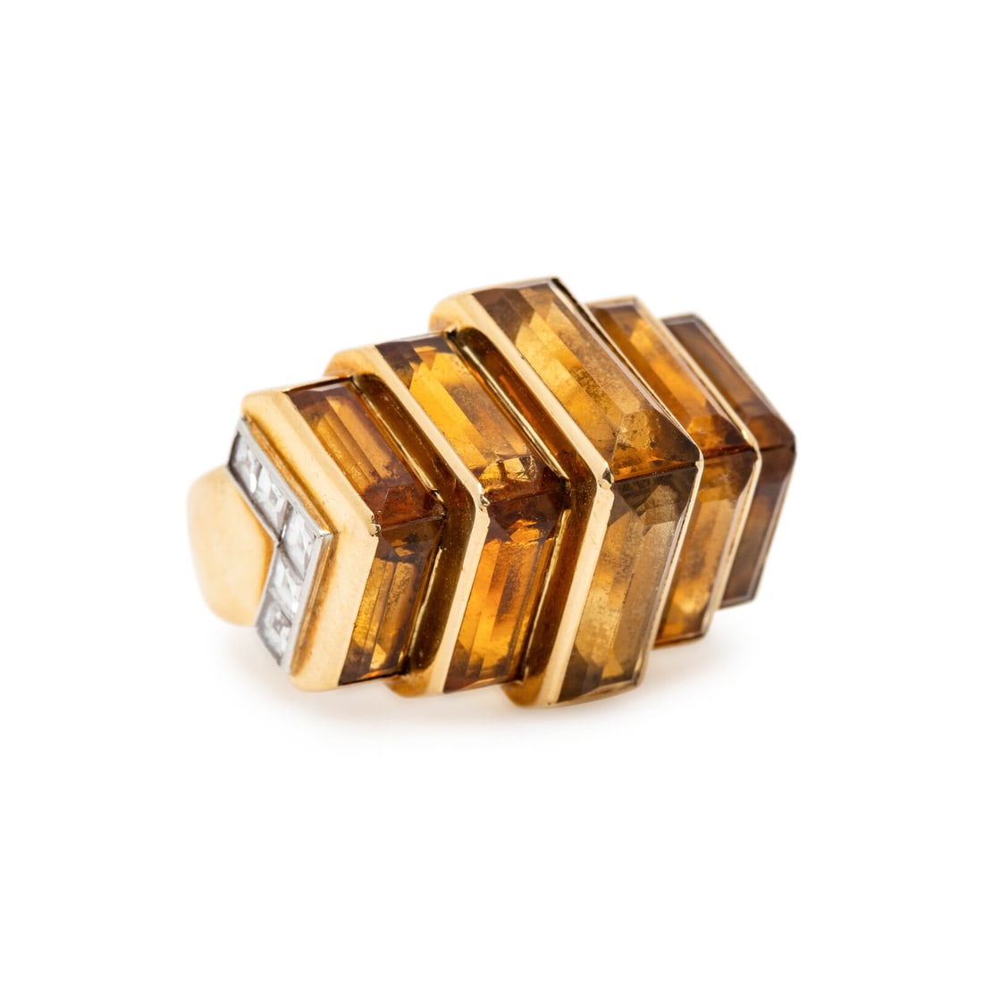 CARTIER PARIS, ART DECO, CITRINE, AND DIAMOND RING: CARTIER PARIS, ART DECO, CITRINE, AND DIAMOND RING In a stepped design, set with baguette cut citrines and square step cut diamonds. Mounted in 18 karat yellow gold and platinum. Ring size 4 1/2. Stam